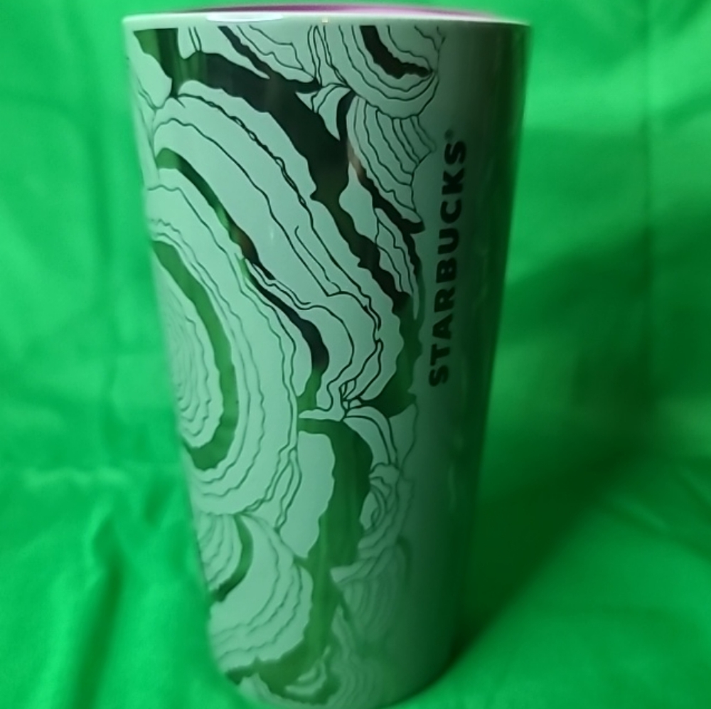 Starbucks Rainforest Mushroom Green Silver Metallic Tumbler Travel Mug 12 oz